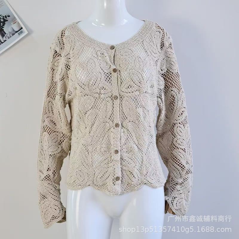 Cross-border Hot Sale Solid Color Knitted Crochet Hollow Button Long Sleeve Commuter Street Casual Style Women's Top
