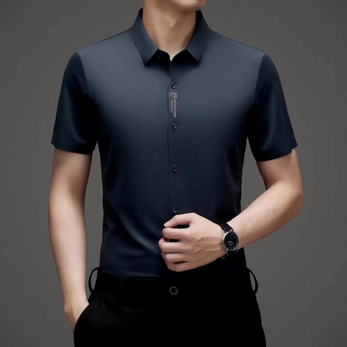 Summer Men's Short-sleeved Seamless Stretch Shirt Solid Color Mulberry Silk Shirt Business Casual Men's Thin Shirt Cardigan