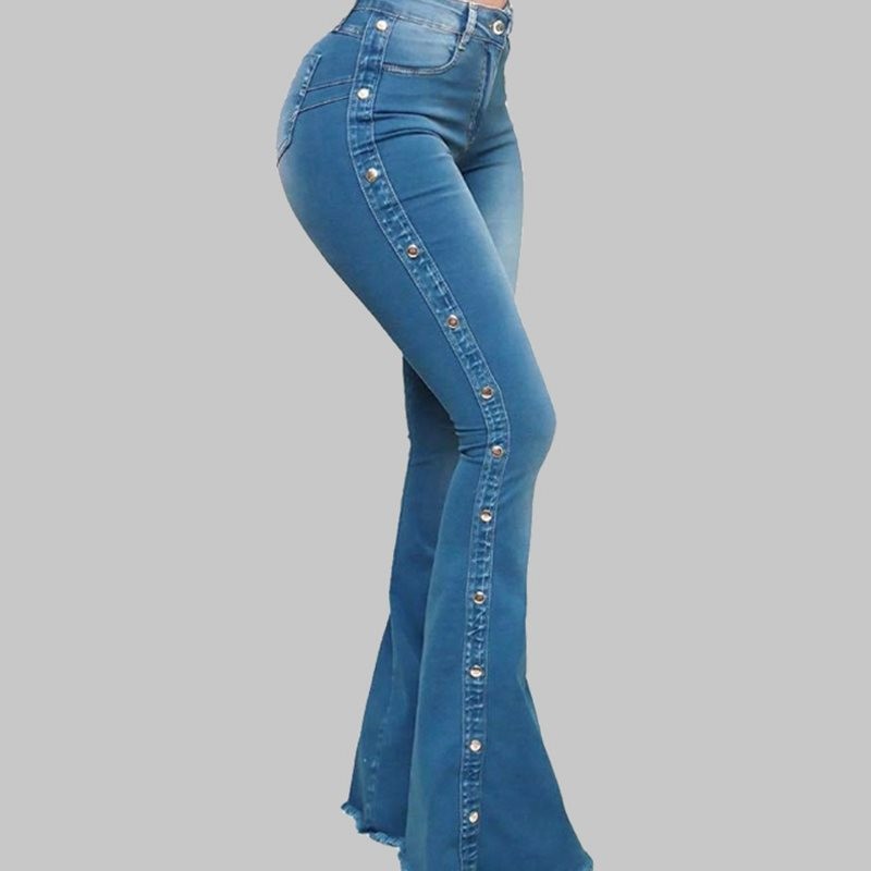امرأة اليومي شارع ملابس الشارع اللون الصامد مكتمل الطول زر سروال واسع جينز display picture 7