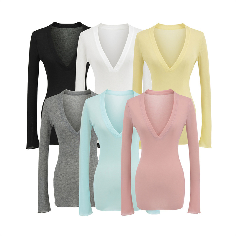 Pure Desire Hot Girl Deep V-Neck Slightly See-Through Slim Long-Sleeved Blouse T-Shirt Women's Autumn 2025 New Inner Tight Top Pure Desire Hot Girl Deep V-Neck Slightly See-Through Slim Long-Sleeved Blouse T-Shirt Women's Autumn 2025 New Inner Tight Top