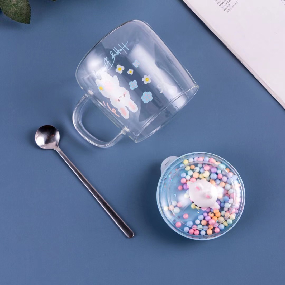 Creativo lindo cristal transparente paisaje conejo gato dibujos animados personalidad taza con tapa cuchara lindo beber taza leche taza de té