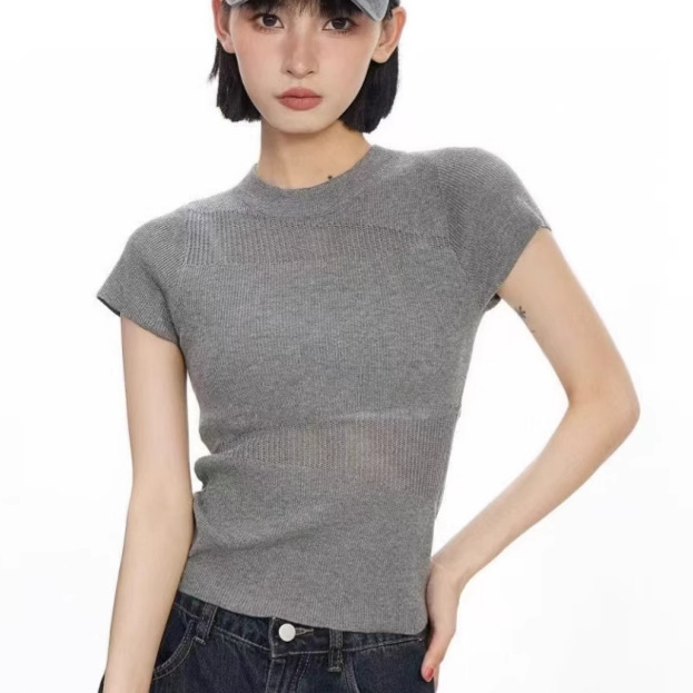 Hot Girls Hollow Crewneck Slim-fit Short-sleeved T-shirt Women's 2025 Summer Korean-style Explosions All-match Knitted Pullover Top