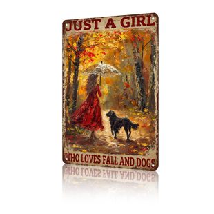 Autumn Girl and Pet Tin Painting Love Autumn Day and Dog's Vintage Decorative Painting Wall Decorative Plate