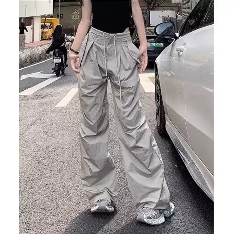 春夏新款高街美式阔腿裤高腰降落伞工装裤女轻薄速干休闲运动裤子