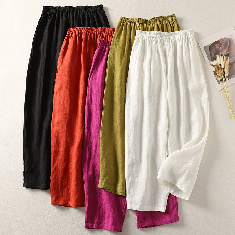 Реальная стрельба из хлопка и конопли повседневные укороченные брюки, эластическая талия, свободные литературные брюки, широкие брюки, весна и лето, большие размеры, редька брюки, женские
