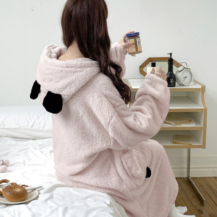 2024 camisón de lana de coral de las mujeres de otoño e invierno largo más el tamaño con capucha, además de terciopelo Albornoz pijamas chaqueta desgaste del hogar transmisión en vivo