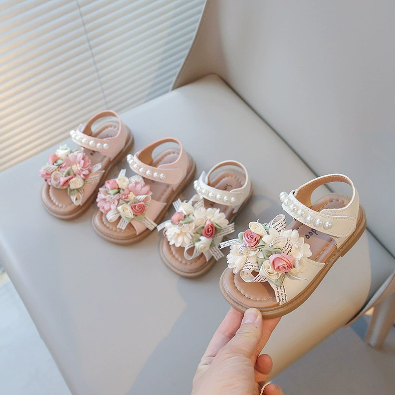 2025 новые летние девичьи сандалии с цветочным кружевом, открытый носок, сладкие повседневные спортивные пляжные туфли для девочек