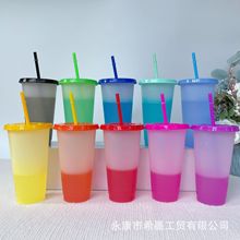 跨境PP感温塑料变色杯大容量710ml吸管杯冷变色10色一套可印Logo