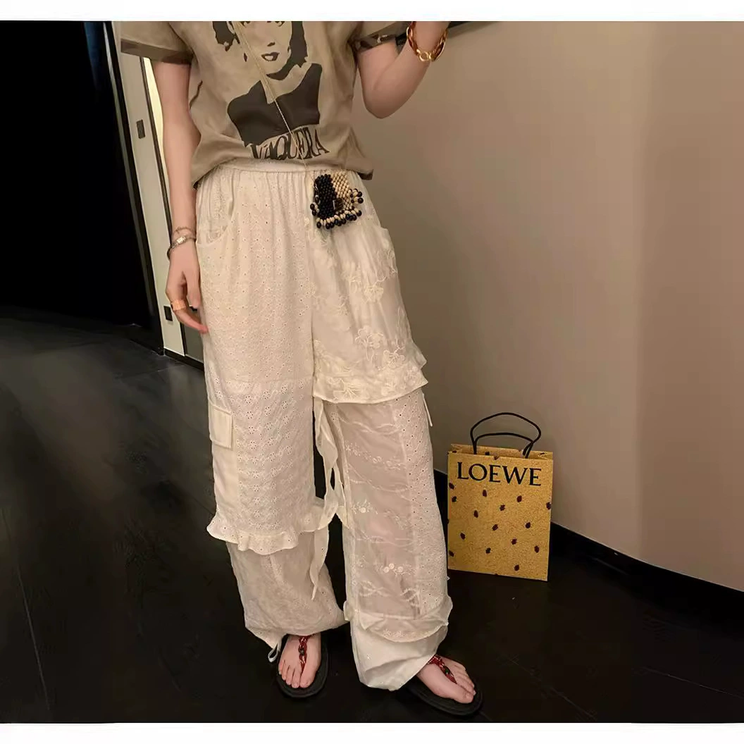 [Готовый запас] Чистые и непринужденные белые тяжелые кружевные брюки Zhang Zhang.