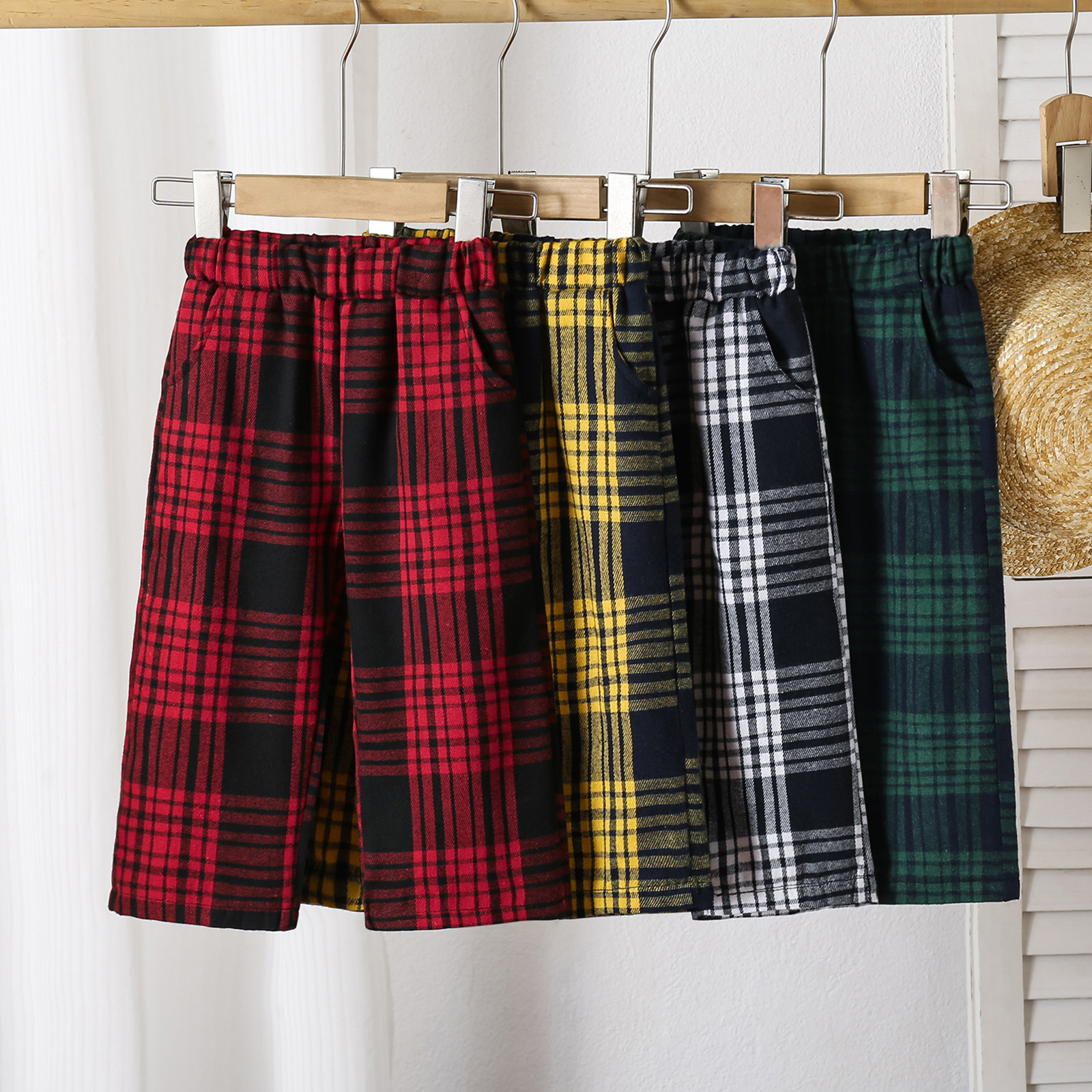 Summer Cash Children's Straight Pants Boys and Girls Korean Style Retro Casual Plaid Pants