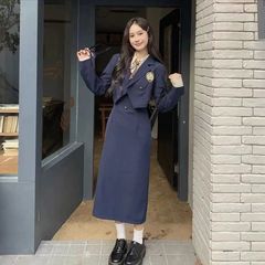 秋季美式学院风时尚套装女甜美连衣裙条纹衬衣短款西装外套三件套