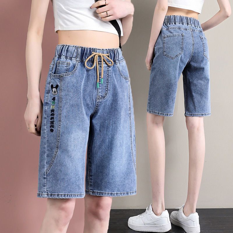 2022 New Elastic Waist Denim Shorts Women's High-Waisted Loose Straight Pants Summer Thin Mid-Pants