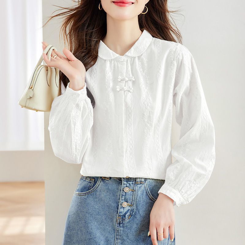 長袖の純綿の刺繍のシャツの女性の2025春の服装の新型の新しい中国式の肉を遮ってやせている上着の純綿はシャツを掛けます|undefined