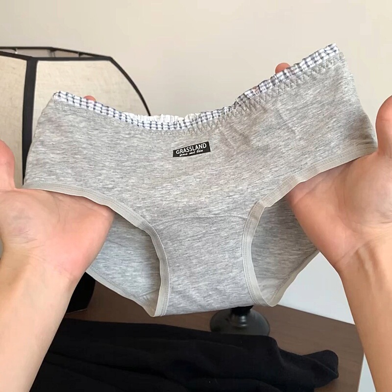 Japanese-Style Minimalist College-Style Pure Cotton Women's Mid-Waist Plaid-Edged Breathable Young Girl Student Cotton Panties