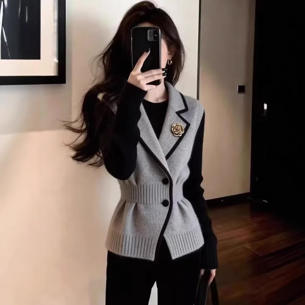 Áo gile len nữ phong cách Pháp dệt kim màu xám ôm eo — màu xám chi tiết 2