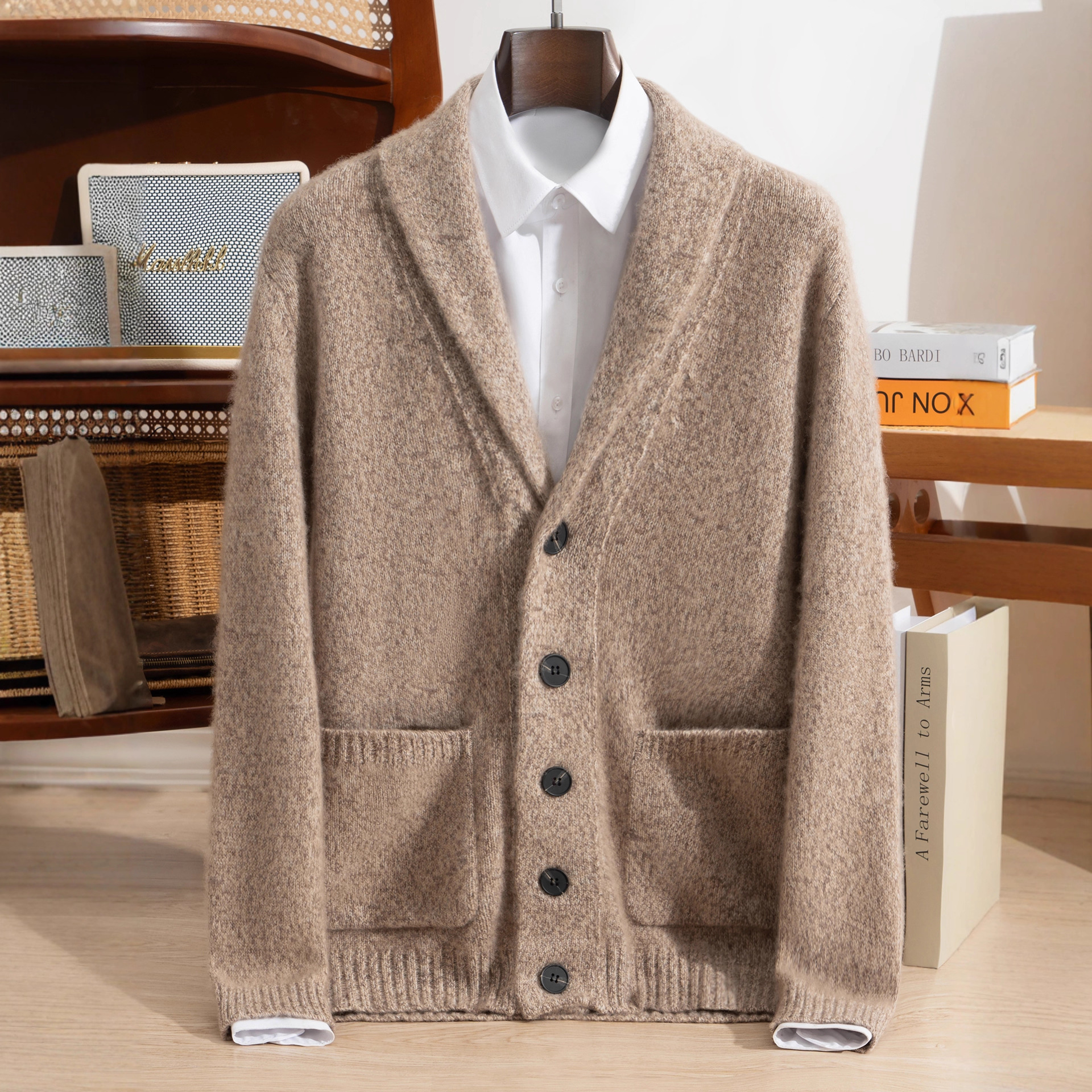 V Neck Floral Yarn~Light Business 100% Pure Cashmere Knitted Cardigan for Men, Green Fruit Collar Design Loose Sweater Jacket