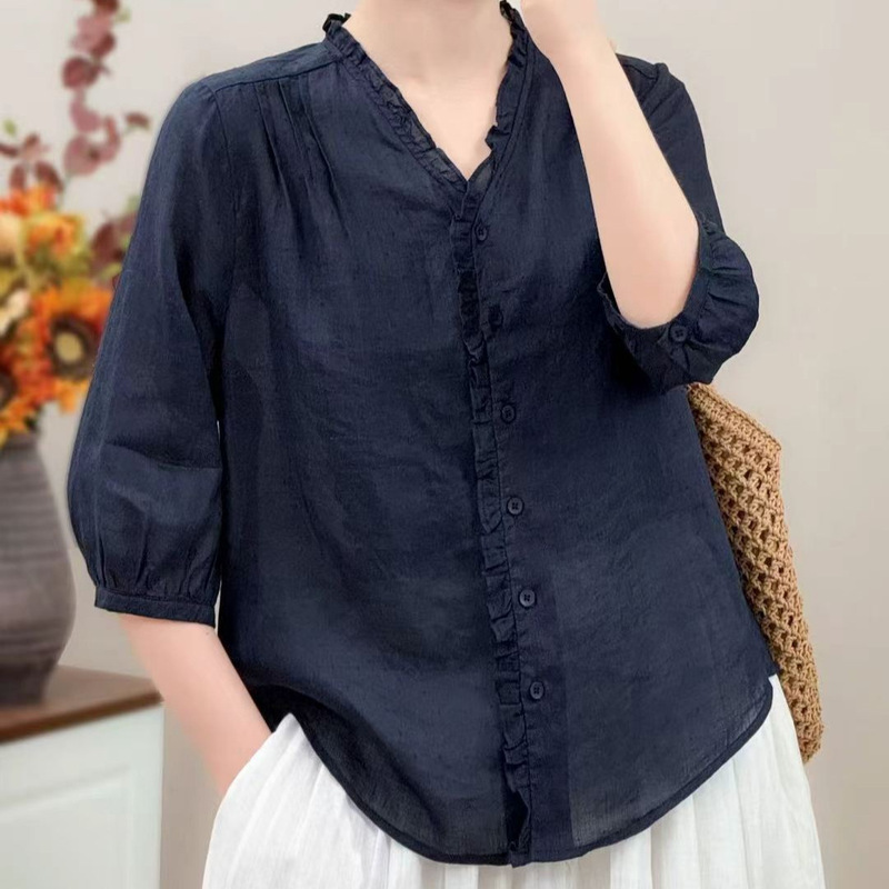 Solid Color Ramie Shirt 2026 Summer New Vintage Loose V-Neck Cardigan Mid-Sleeve Women's Top with Lace Collar Solid Color Ramie Shirt 2026 Summer New Vintage Loose V-Neck Cardigan Mid-Sleeve Women's Top with Lace Collar