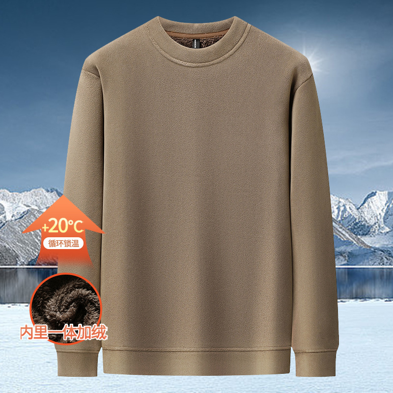 Flannel round-neck fleece-lined thickened sweatshirt for autumn and winter, integrated fleece warm long-sleeve shirt, new men's knitted sweater