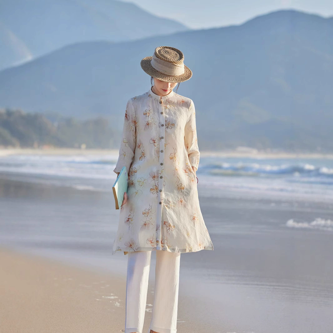 2025 весна и лето новый хлопок и лен женский литературный принт с семью рукавами длинная женская рубашка путешествия свободный кардиган