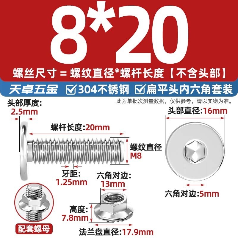 304不锈钢CM大平头超薄头C头扁平头内六角螺丝钉法兰边螺母套装M5|undefined