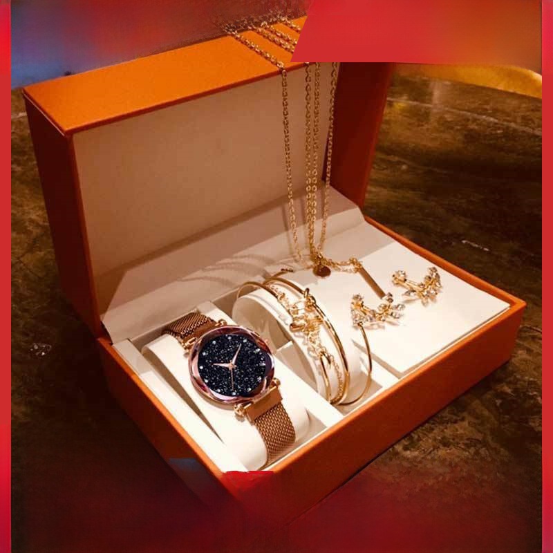 8pcs/set创意镶钻酷星空磁铁扣手表+树叶手镯套装+耳环+项链磁吸