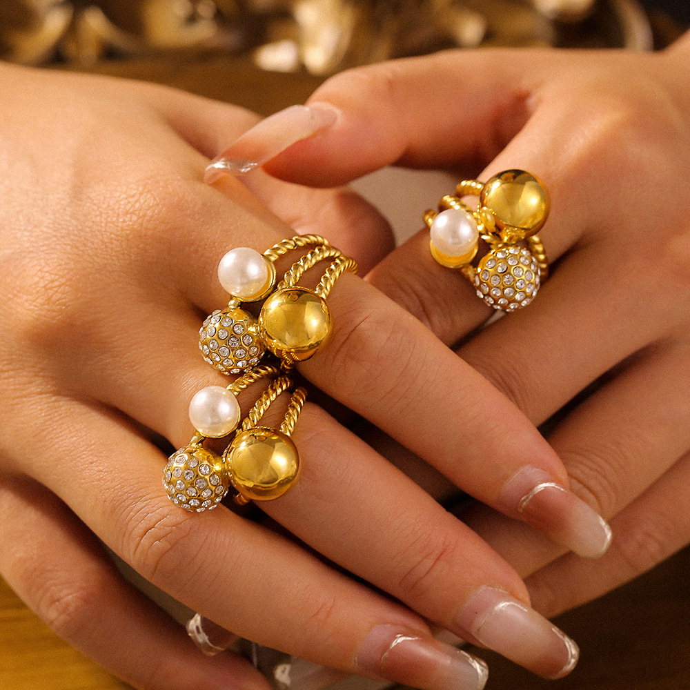 Imitation Pearl Retro Czech Diamond Round Bead Ring Titanium Steel Light Luxury Temperament Versatile Ring_voghion.com