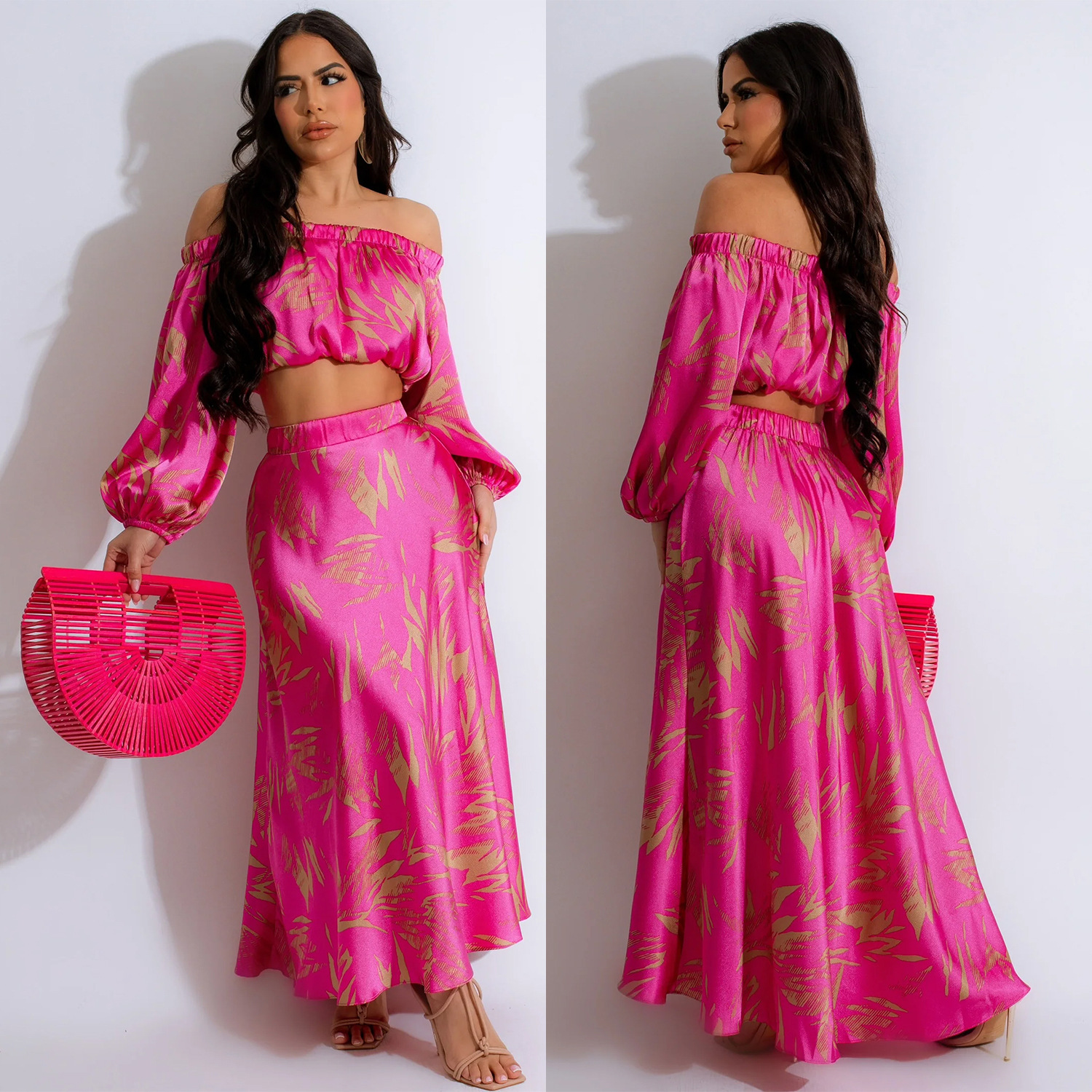 C6881 Aliexpress transfronterizo Amazon Europa y América de moda impresión de ropa de mujer sexy mangas largas umbilical vestido larga dos piezas image 3