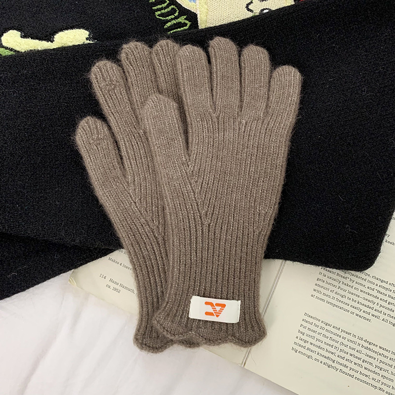 Guantes de lana de punto para mujeres otoño y invierno alargados y gruesos guantes de ciclismo de encaje caliente de color sólido con pantalla táctil