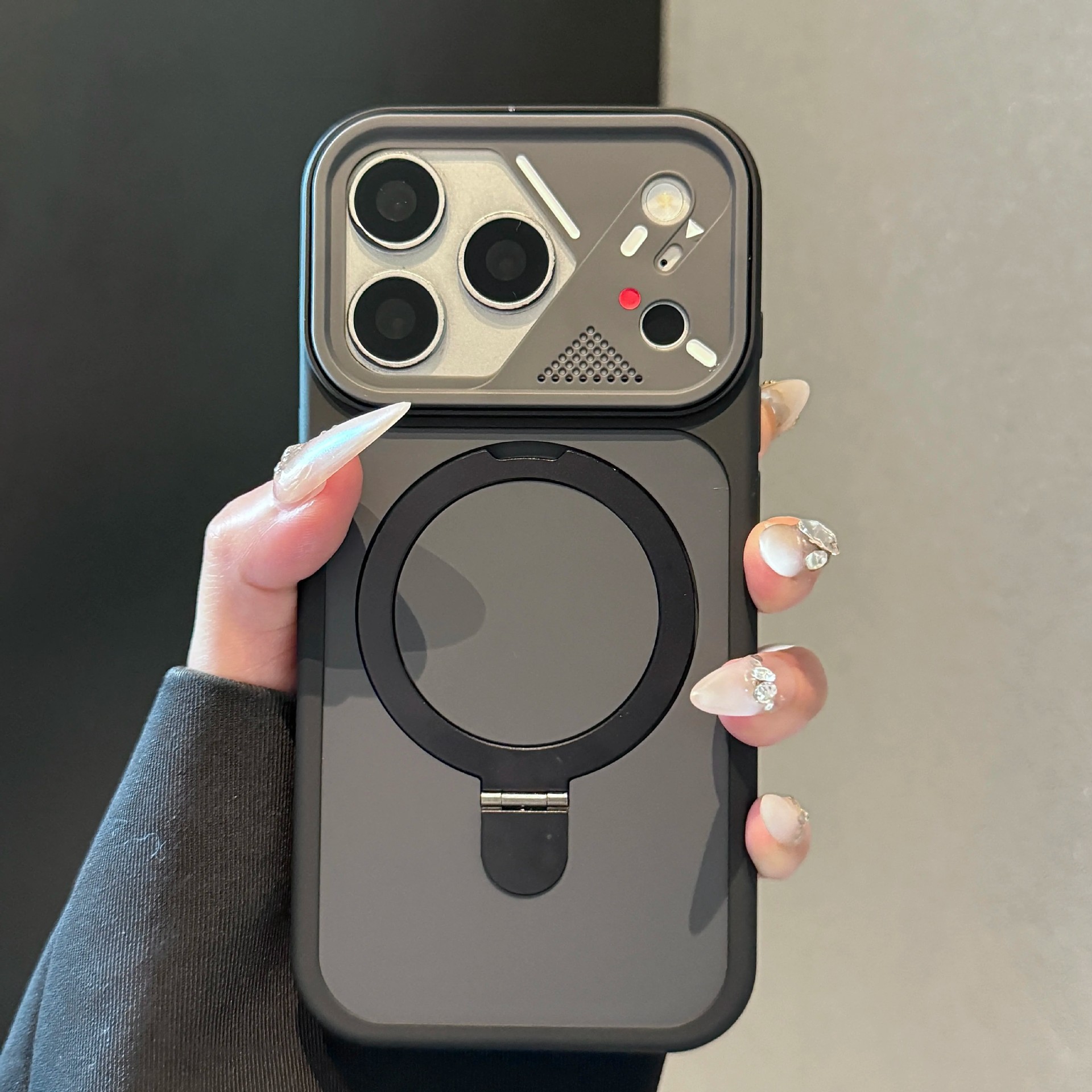 Magnetic Kickstand Matte Phone Case with Mecha Lens Frame for iPhone 17 Pro Max, 17, 16, 15, 14, 13, Shockproof Hard PC Cover