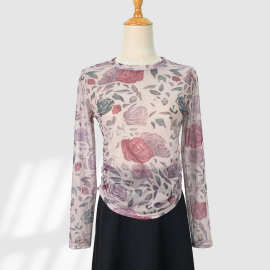 防勾丝 优质冰丝网纱防晒衫女2024夏季新款褶皱短款玫瑰印花上衣