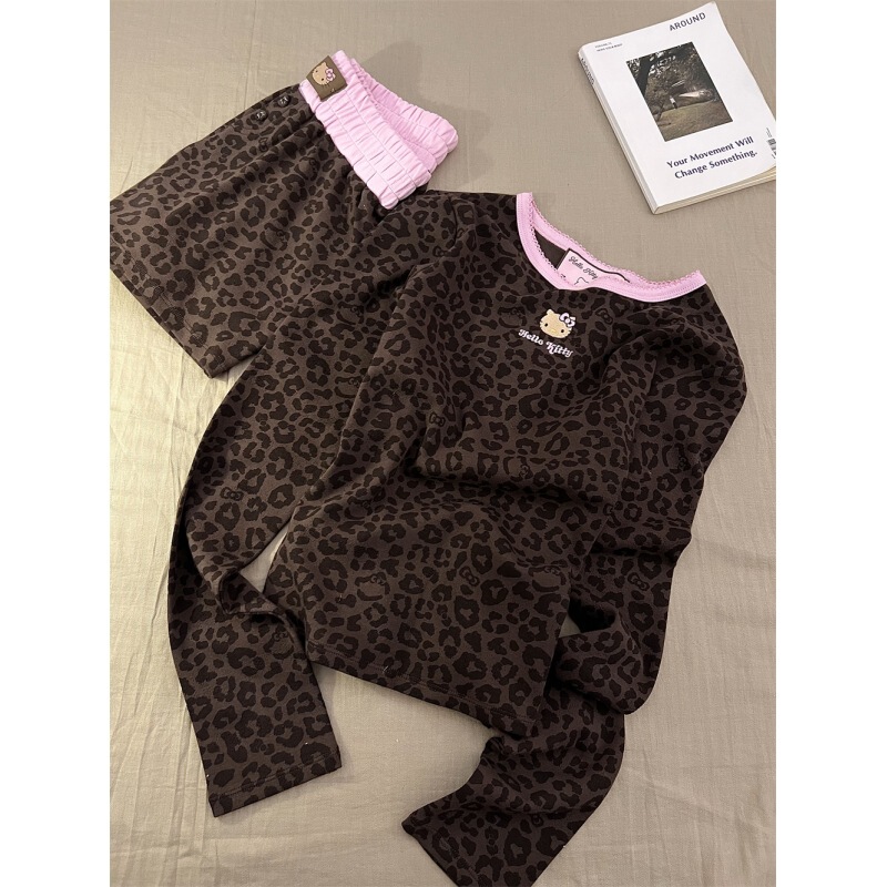 可爱Kitty印花豹纹长袖睡衣女秋季新款家居服大码长裤休闲两件套|undefined