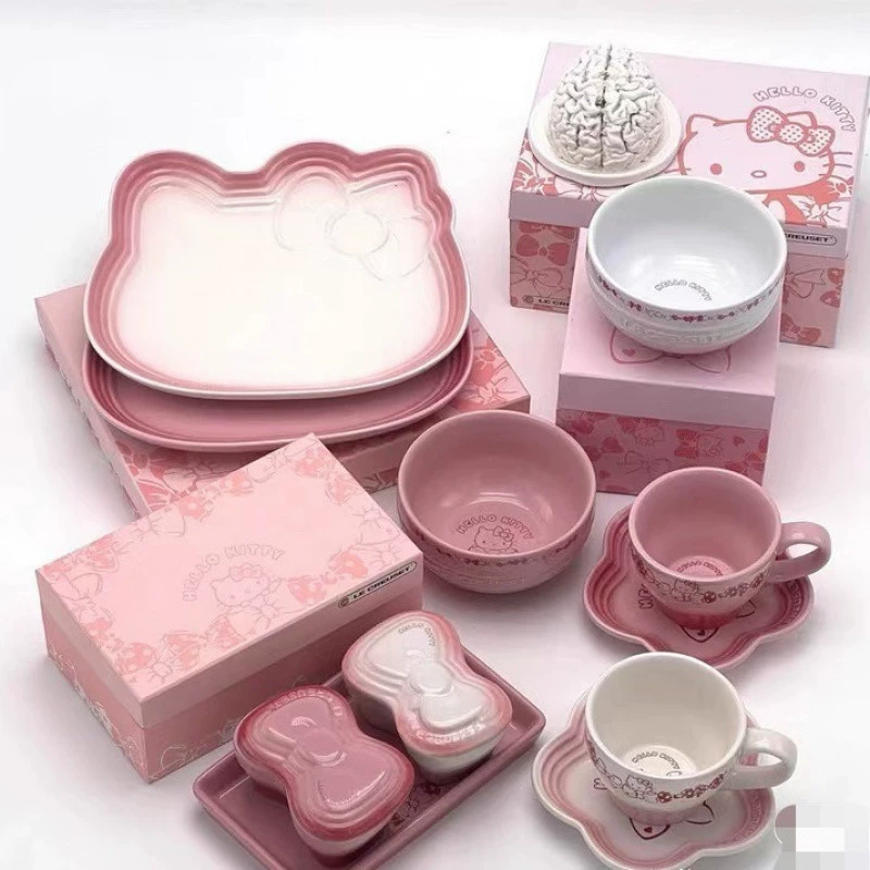 Hello Kitty, радужная керамическая тарелка для пищи дома, посуда, подарочная коробка
