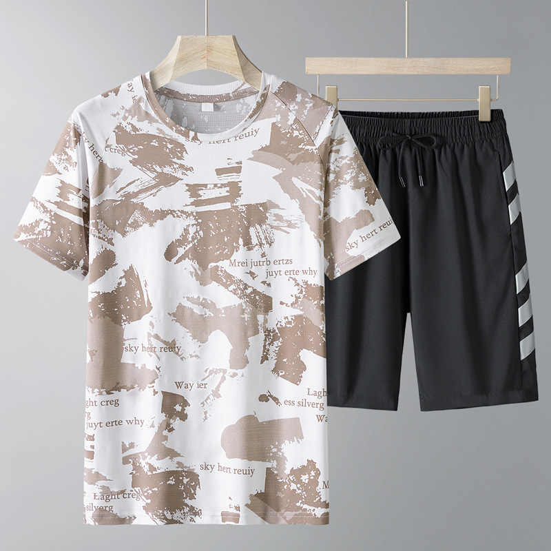 Transfronterizos de verano manga corta traje casual hombre suelto hielo traje de correr pantalones cortos secos rápidos traje deportivo hombre grande
