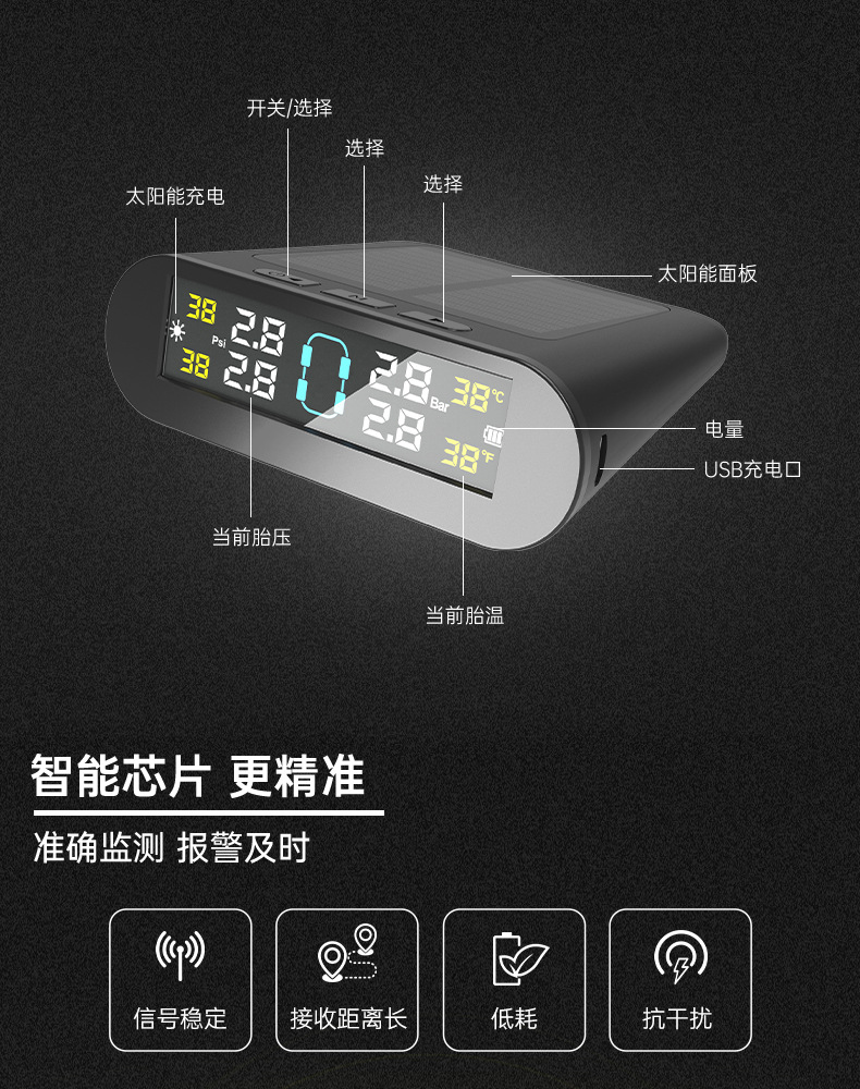 Ty06 Tire Pressure Monitoring System High-Precision Solar-Powered Tire Pressure Monitor Tpms Wireless Intelligent Tire Pressure Monitor