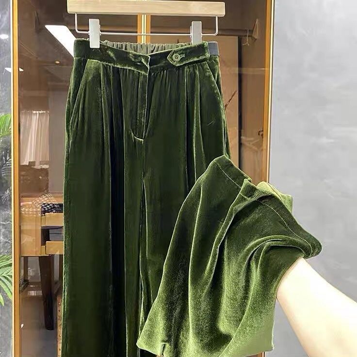 Spring and Autumn High-End Green Gold Velvet Elastic High-Waisted Straight Wide-Leg Pants for Women, Loose Slimming Look and Drapedy Casual Pants