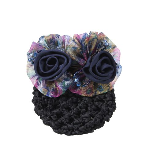 High-end Elegant Double Flower Hairnet Spring Hairpin Female Back of the Head Bun Bun Hairpin Net Bag Middle-aged Head Flower 