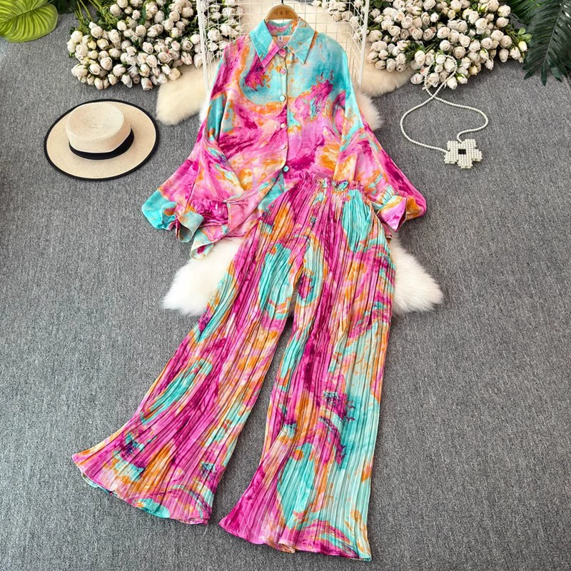 Модный костюм Женская европейская и американская свободная рубашка с рукавами фонаря с принтом из двух частей повседневные плиссированные широкие брюки с высокой талией весной