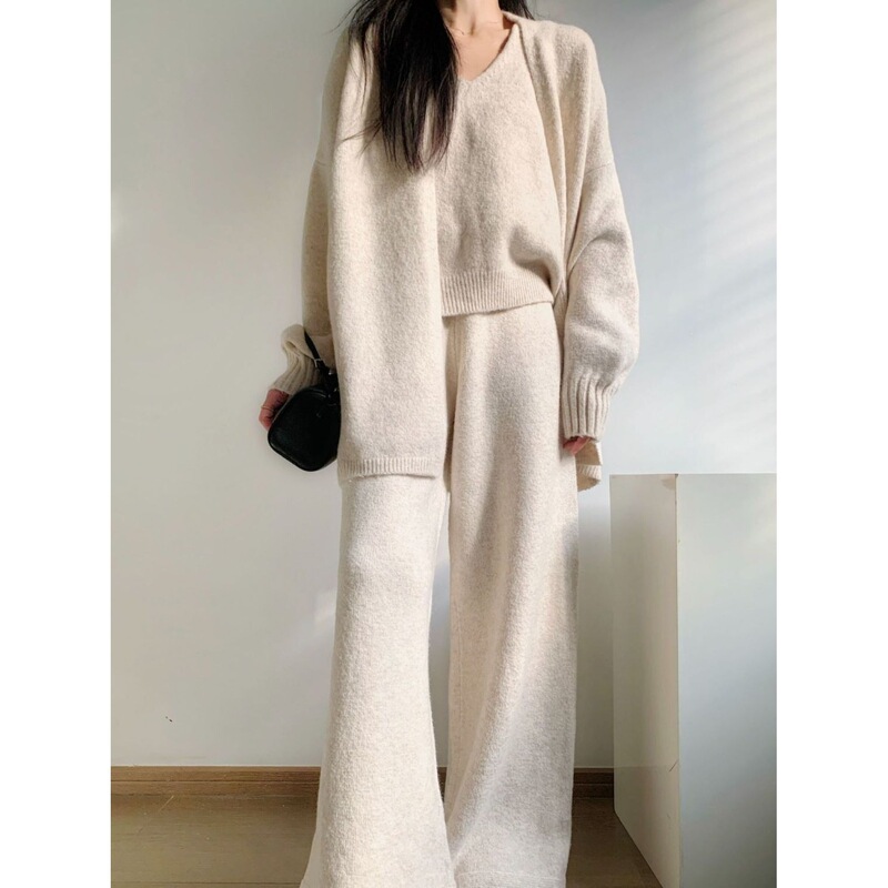 Simple and relaxed style sweater, cardigan, vest, and wide-leg pants set, autumn and winter chic three-piece outfit, solid color