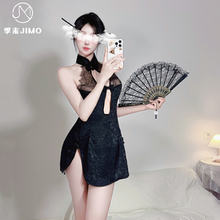 Vintage Lace Cheongsam Nightdress High Collar Printed Sexy Hollow Uniform Tempting Side Split Free Sexy Lingerie for Women