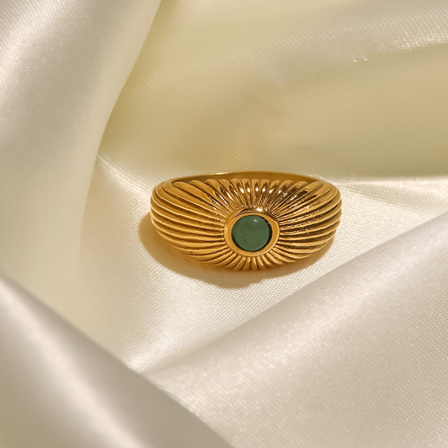 INS French style 18K gold-plated stainless steel natural green stone sun-shaped ring punk style ring for women