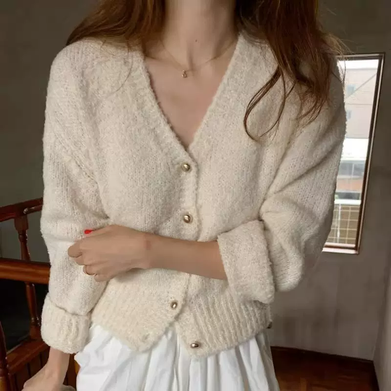 7色现货 时尚温柔复古V领显瘦单排扣毛绒感宽松长袖针织开衫毛衣