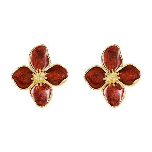 Lotus Flower French 925 Silver Needle Instagram Retro Hong Kong Style Drip Glaze Red Flower Earrings 3D Small Flower Stud Earrings Wholesale