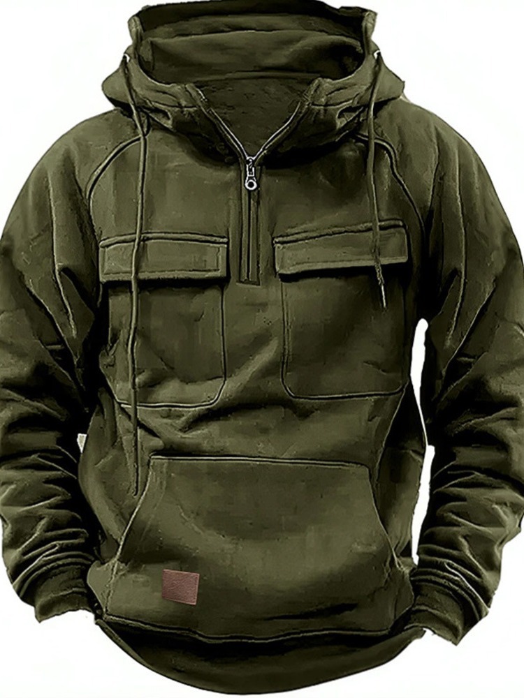 Autumn and Winter New Men's Hooded Solid Youth Sports Multi Pocket Patch Leather Sweater Coat_senzul.com