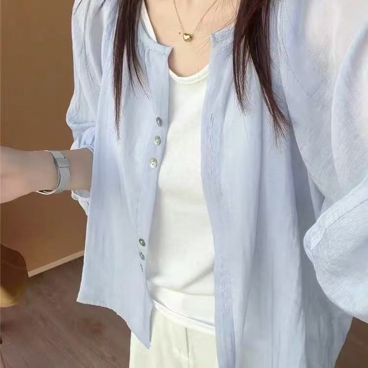 韩系超仙ins浅蓝色雪纺衬衫女叠穿宽松百搭显瘦防晒衬衣外穿开衫|undefined