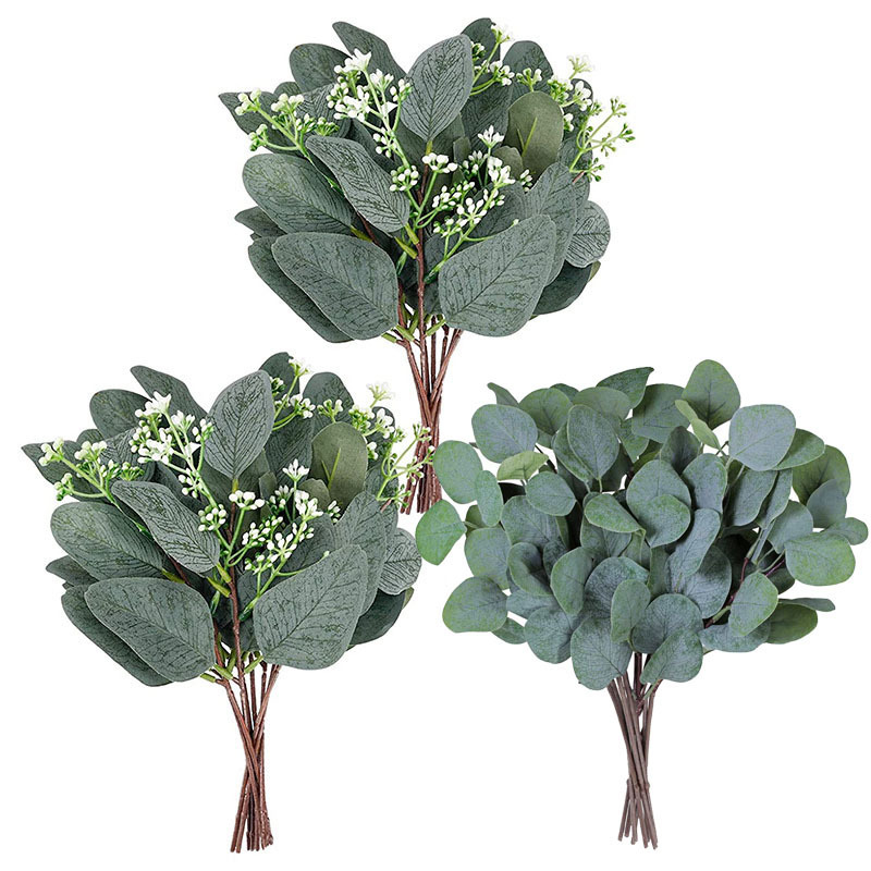 Cross-border artificial flowers, artificial eucalyptus leaves with short stems, silver dollar branches, decorative leaves, single branches of eucalyptus leaves, Amazon