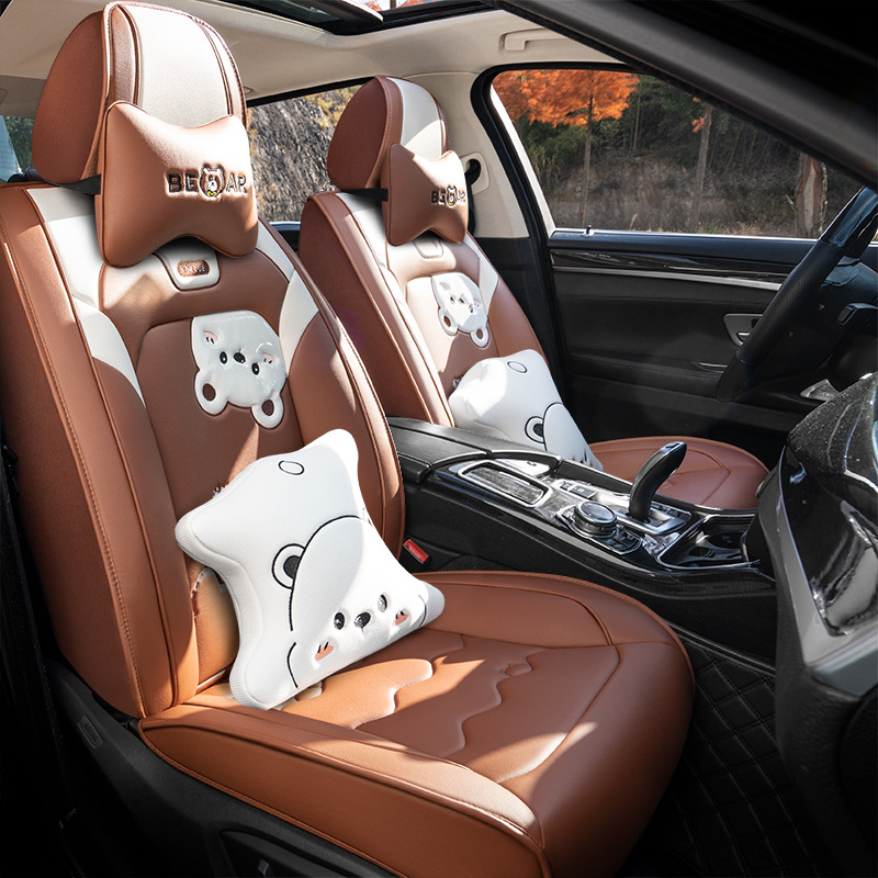 25 Years New Cartoon Inverted Bear Full Leather Split Head One-Piece Car Seat Cushion Four-Season Universal Seat Cover Wholesale