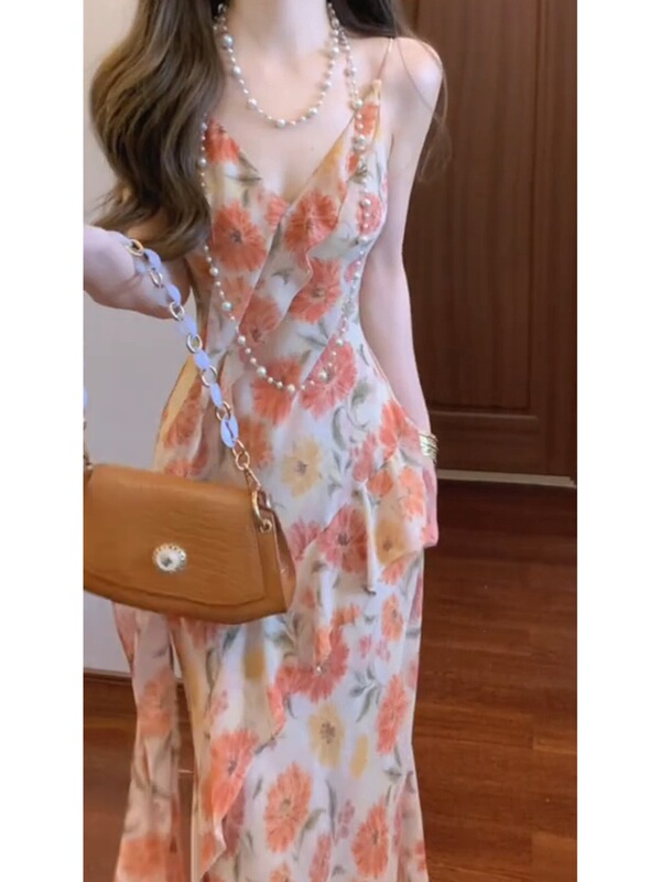 Summer's Most Beautiful Floral Ruffled Halter Dress, New Spring and Summer Seaside Resort Style Long Dress