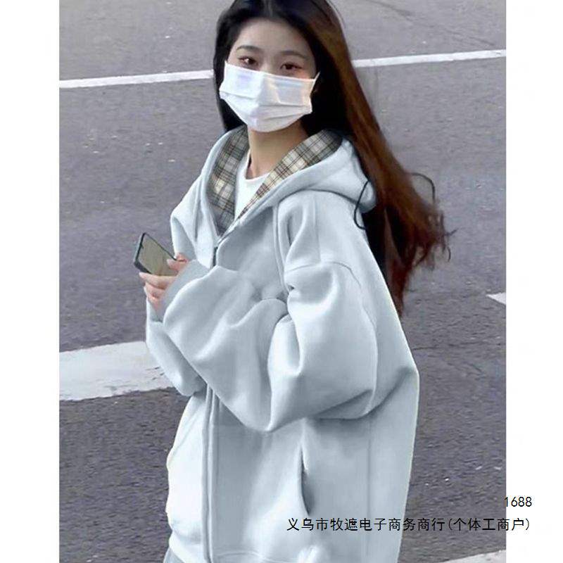 巨巨好看蓝色内里格子连帽卫衣外套女秋冬季加绒加厚上衣开衫其他