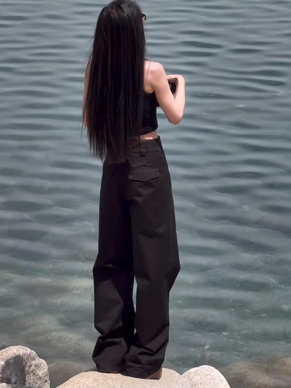 美式工装阔腿裤女大码胖mm宽松显瘦高腰窄版直筒西装裤子|undefined