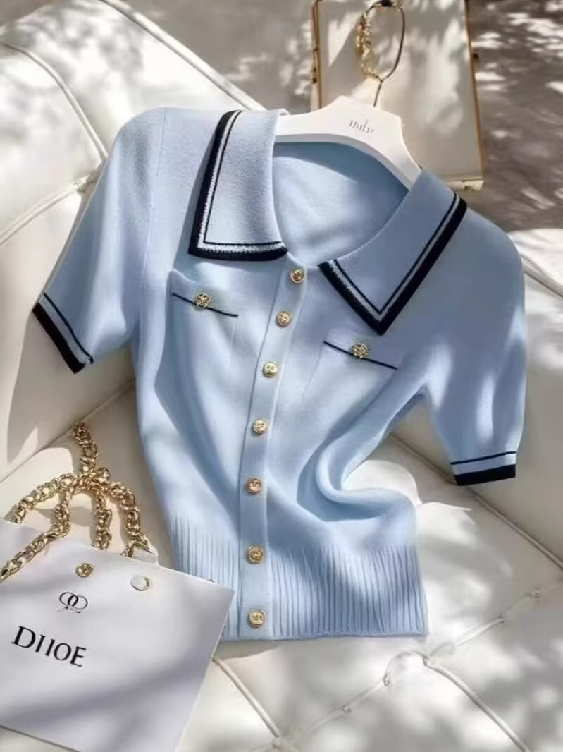 Áo thun nữ cổ polo tay ngắn phối màu xanh lam kiểu mới — xanh lam